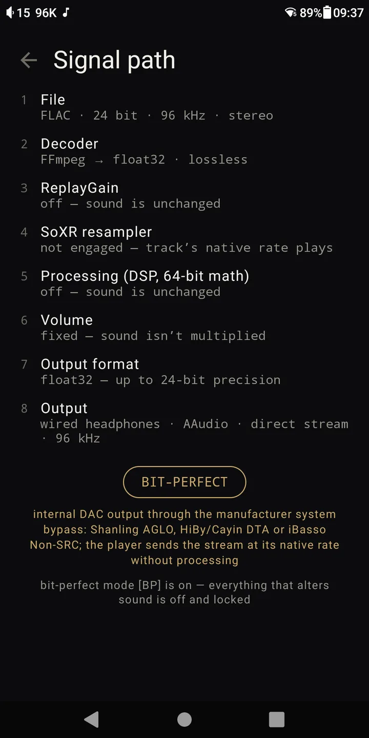 Signal path screen: the eight-step chain from file to output and a BIT-PERFECT verdict